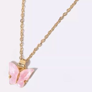 14K Gold Plated Pink Acrylic Resin Butterfly Pendant Charm Necklace